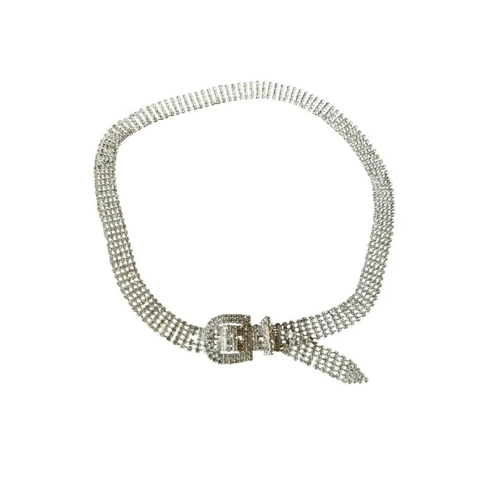 Vintage Rhinestone Crystal Wide Mesh Chain Belt Women One Size Silver Glam Y2K